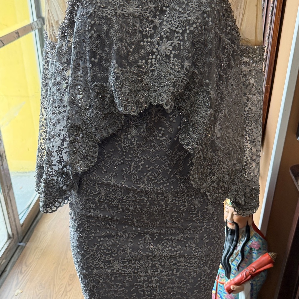 Mac Duggal Charcoal Lace Long Sleeve Dress - Picture 7 of 7
